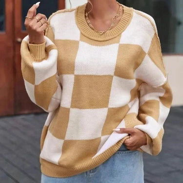 Front view of a checked jumper showing the all-over pattern across the body