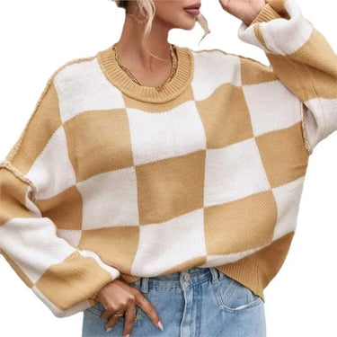 Close-up of the checked pattern detail on the jumper fabric