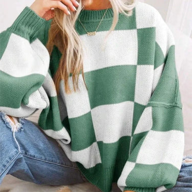 Back view of the checked jumper showing the pattern across the shoulders