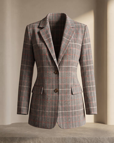 Front view of a checked wool blazer with glen plaid pattern and notched lapels
