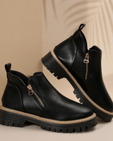 Pair of chunky lug sole ankle boots shown from above on a flat surface