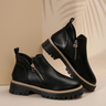 Pair of chunky lug sole ankle boots shown from above on a flat surface