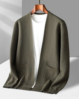 Full-length view of the chunky knit cardigan with relaxed drape
