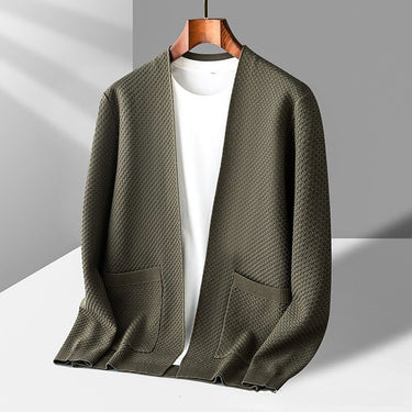 Full-length view of the chunky knit cardigan with relaxed drape