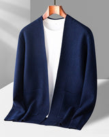 Side view showing the hip length and long sleeves of the knit cardigan