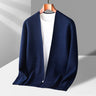 Side view showing the hip length and long sleeves of the knit cardigan