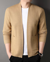 Hem detail showing ribbed finish on the open-front cardigan