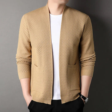 Hem detail showing ribbed finish on the open-front cardigan
