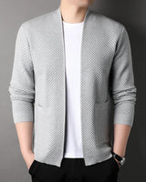 Model wearing the open-front cardigan in a casual setting