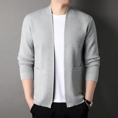 Model wearing the open-front cardigan in a casual setting