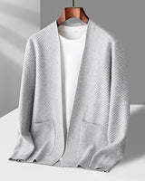 Three-quarter view of the cardigan showing the open-front silhouette