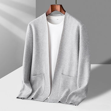 Three-quarter view of the cardigan showing the open-front silhouette