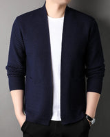 Front view of an open-front chunky knit cardigan with waffle texture