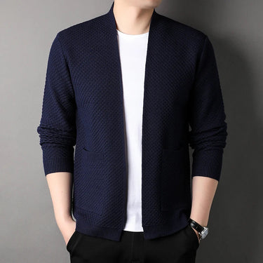 Front view of an open-front chunky knit cardigan with waffle texture