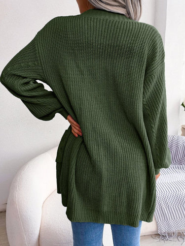 Detail shot of front patch pocket with cable knit panel