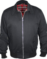Flat lay of the Harrington jacket displaying tartan lining and ribbed trims