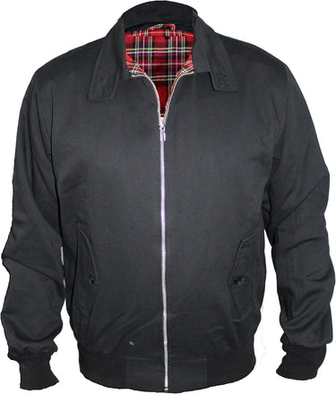 Flat lay of the Harrington jacket displaying tartan lining and ribbed trims