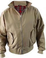 Close-up of the tartan lining visible at the open collar of the Harrington jacket