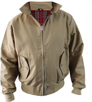 Close-up of the tartan lining visible at the open collar of the Harrington jacket