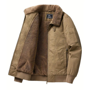 Rear view of the men's sherpa collar bomber jacket