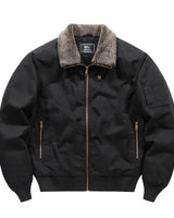 Front view of a men's bomber jacket with sherpa collar and zip fastening