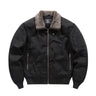 Front view of a men's bomber jacket with sherpa collar and zip fastening