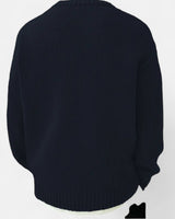 Men's solid crew neck pullover laid flat, full length view