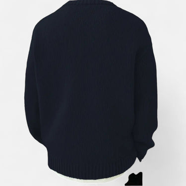 Men's solid crew neck pullover laid flat, full length view
