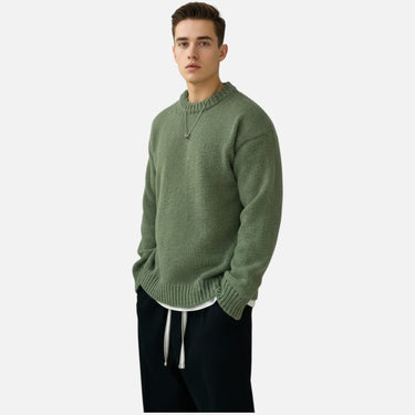 Men's pullover showing ribbed crew neckline detail