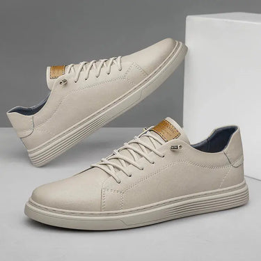 Men's faux leather sneaker with contrast laces and subtle stitching, side view