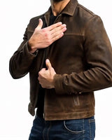 Side profile of a men's harrington jacket showing structured shoulder line