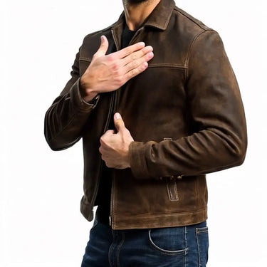 Side profile of a men's harrington jacket showing structured shoulder line