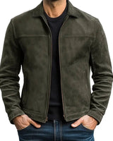 Detail shot of the full-length front zip on a men's harrington jacket