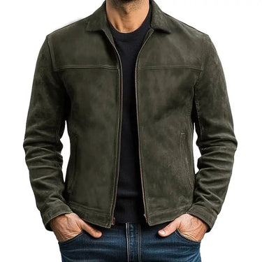 Detail shot of the full-length front zip on a men's harrington jacket