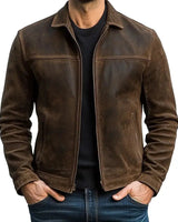 Front view of a men's fitted harrington jacket with full-length zip closure