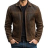 Front view of a men's fitted harrington jacket with full-length zip closure