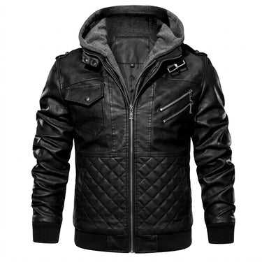Classic Men's Leather Bomber Jacket With Ribbed Trim And Detachable Hood