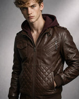 Side profile of the leather bomber jacket showing ribbed cuffs and hem