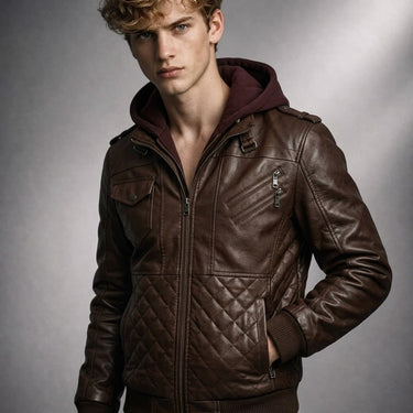 Side profile of the leather bomber jacket showing ribbed cuffs and hem