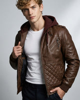 Rear view of the leather bomber jacket with detachable hood in place
