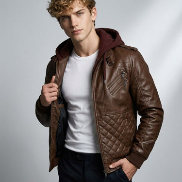 Rear view of the leather bomber jacket with detachable hood in place