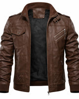 Close-up of a zipped chest pocket on the leather bomber jacket