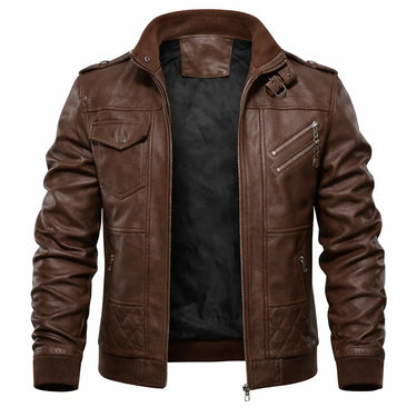 Close-up of a zipped chest pocket on the leather bomber jacket
