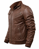 Leather bomber jacket worn without the hood, clean bomber silhouette