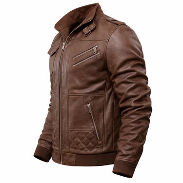 Leather bomber jacket worn without the hood, clean bomber silhouette