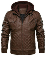 Front view of a men's leather bomber jacket with hood attached