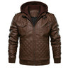Front view of a men's leather bomber jacket with hood attached