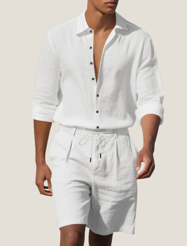 Classic Men’s Linen Shirt And Drawstring Shorts Set With Long Sleeves