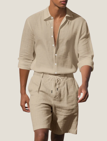 Classic Men’s Linen Shirt And Drawstring Shorts Set With Long Sleeves