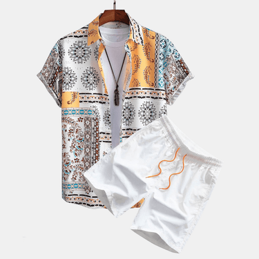 Classic Men’s Printed Short Sleeve Shirt And Drawstring Shorts Set